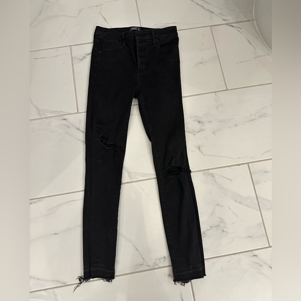 Abercrombie Simone high rise ankle jeans - black distressed, raw cuff 27 long
